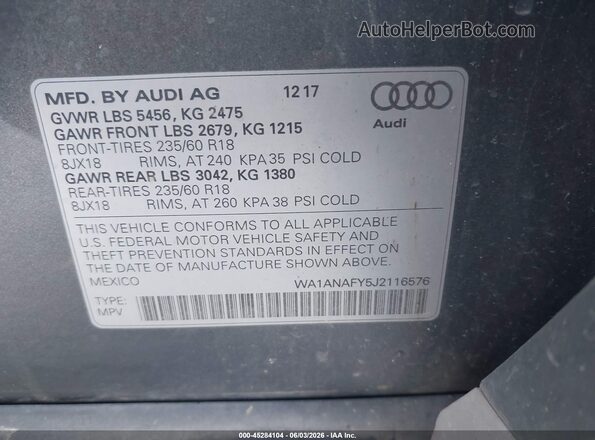 WA1ANAFY5J2116576 2018 AUDI Q5 Gray Շարժիչի բաժամունքի տեսք