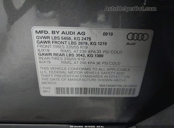 WA1ANAFY6L2010950 2020 AUDI Q5 Gray Widok komory silnika
