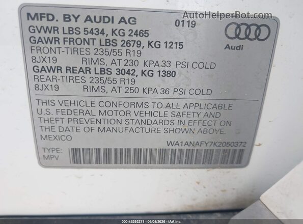 WA1ANAFY7K2050372 2019 AUDI Q5 White Widok komory silnika