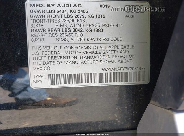 WA1ANAFY7K2081377 2019 AUDI Q5 Черный Вид подкапотного пространства