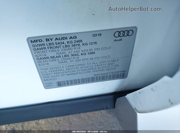 WA1ANAFY7K2087499 2019 AUDI Q5 White 