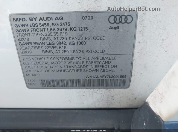 WA1ANAFY7L2091568 2020 AUDI Q5 White Engine compartment view