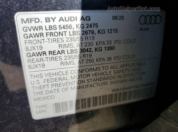 WA1ANAFY9L2088655 2020 AUDI Q5 Blue VIN sticker view