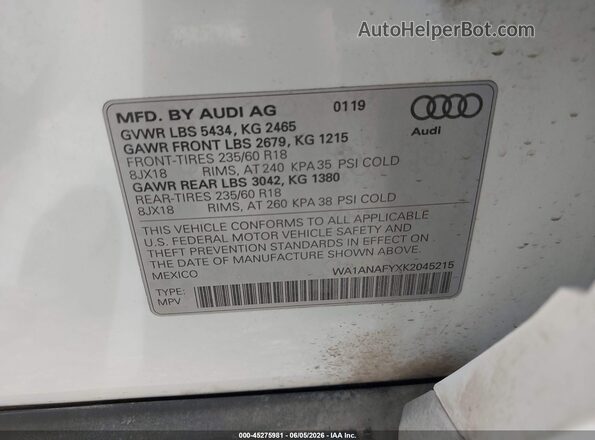 WA1ANAFYXK2045215 2019 AUDI Q5 White Вид підкапотного простору