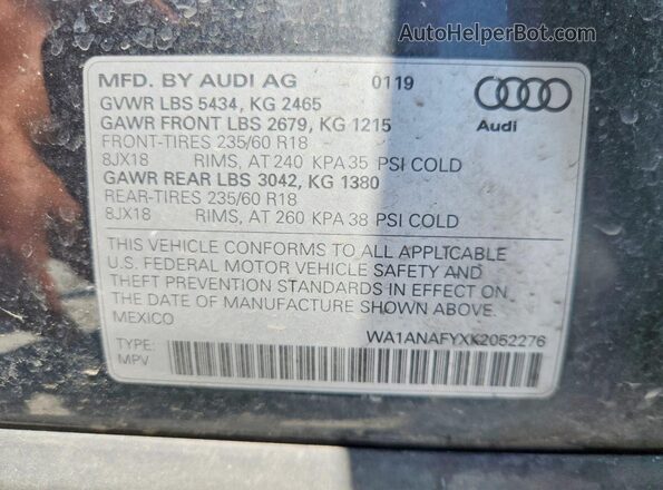 WA1ANAFYXK2052276 2019 AUDI Q5 Charcoal Вид наклейки з VIN-кодом