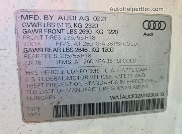 WA1AUCF32M1090418 2021 AUDI Q3 White Вид наклейки з VIN-кодом