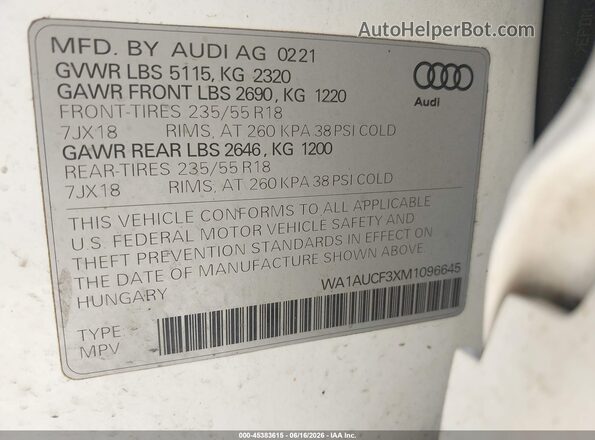 WA1AUCF3XM1096645 2021 AUDI Q3 White Widok komory silnika