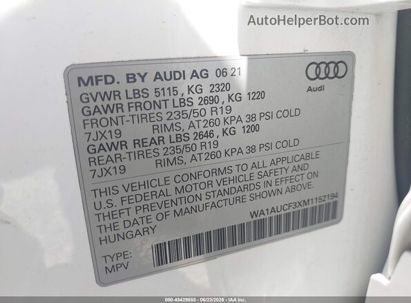 WA1AUCF3XM1152194 2021 AUDI Q3 White Вид підкапотного простору