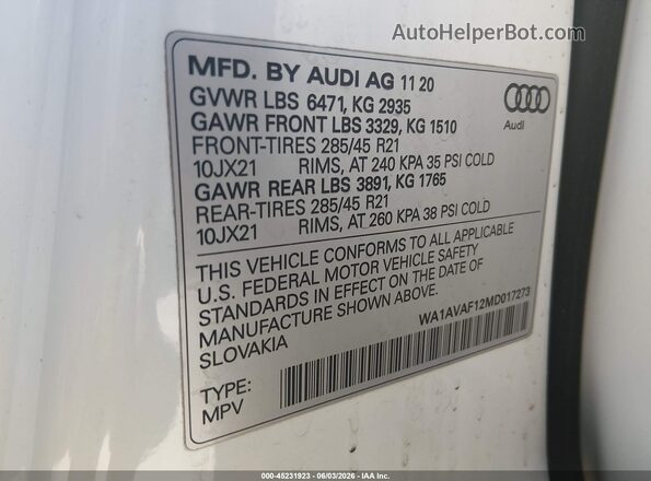 WA1AVAF12MD017273 2021 AUDI Q8 White Vista del compartimento del motor