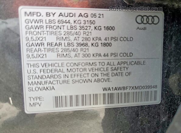 WA1AWBF7XMD039948 2021 AUDI SQ7 Gray Widok wnętrza 360 stopni