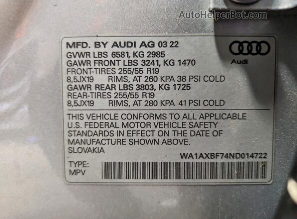 WA1AXBF74ND014722 2022 AUDI Q7 Silver Вид наклейки з VIN-кодом
