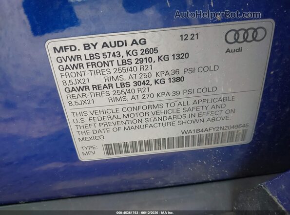 WA1B4AFY2N2049545 2022 AUDI SQ5 Blue Vista del compartimento del motor