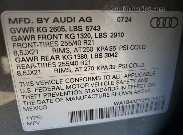 WA1B4AFY2R2152115 2024 AUDI SQ5 Gray VIN կոդի պիտակի տեսք