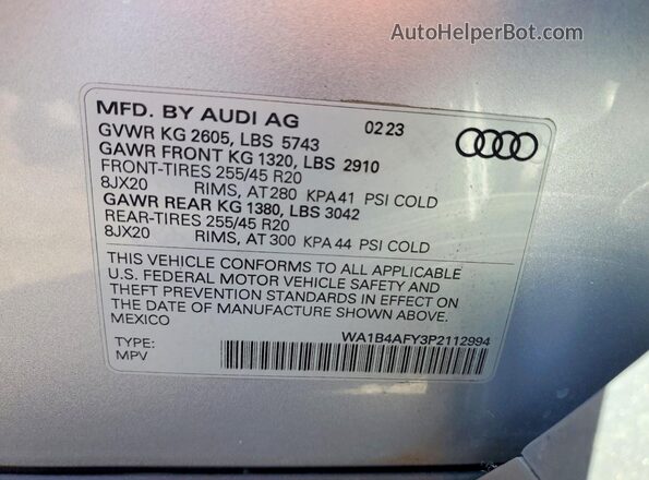WA1B4AFY3P2112994 2023 AUDI SQ5 Gray VIN კოდის სტიკერის ხედი