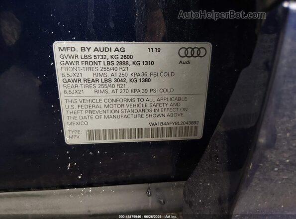 WA1B4AFY8L2043892 2020 AUDI SQ5 Black Вид підкапотного простору