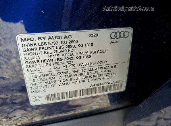 WA1B4AFYXL2070009 2020 AUDI SQ5 Blue სალონის 360-გრადუსიანი ხედი