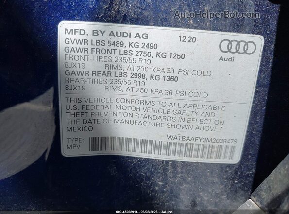 WA1BAAFY3M2038478 2021 AUDI Q5 Blue 