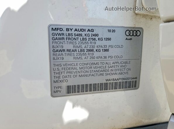 WA1BAAFY9M2019448 2021 AUDI Q5 Белый Вид наклейки с VIN-кодом