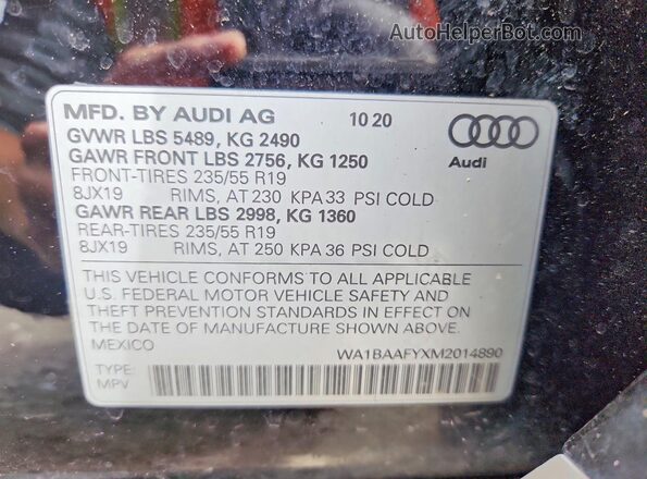 WA1BAAFYXM2014890 2021 AUDI Q5 Black Вид наклейки з VIN-кодом