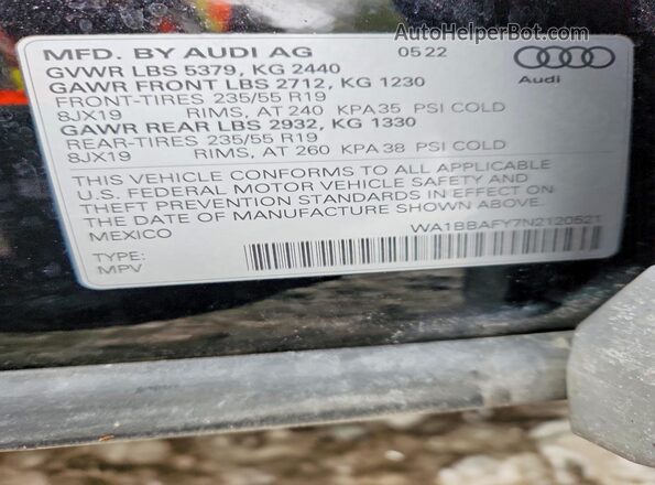 WA1BBAFY7N2120521 2022 AUDI Q5 Black Widok naklejki z numerem VIN