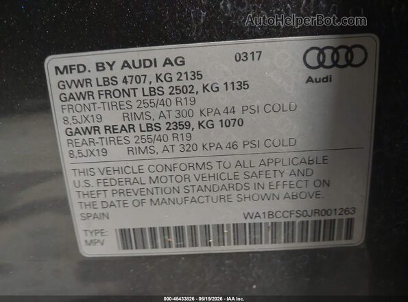 WA1BCCFS0JR001263 2018 AUDI Q3 Серый 