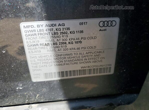 WA1BCCFS2JR012765 2018 AUDI Q3 Blue Widok naklejki z numerem VIN