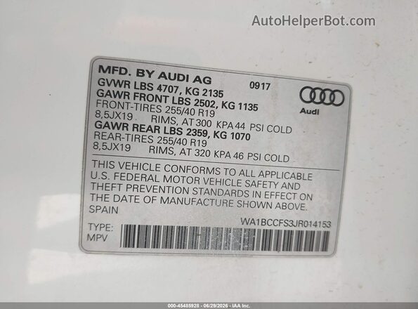WA1BCCFS3JR014153 2018 AUDI Q3 White Widok komory silnika
