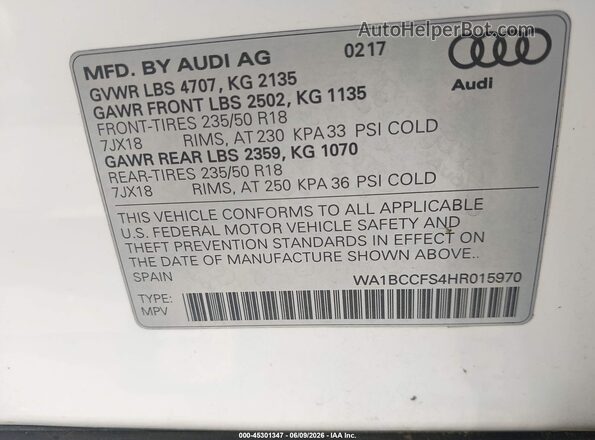 WA1BCCFS4HR015970 2017 AUDI Q3 Белый Вид подкапотного пространства