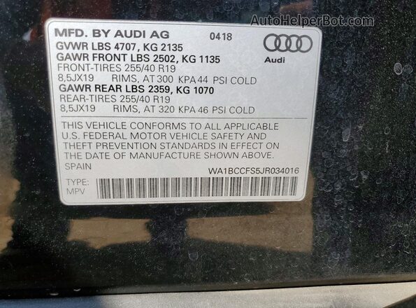 WA1BCCFS5JR034016 2018 AUDI Q3 Black Widok naklejki z numerem VIN