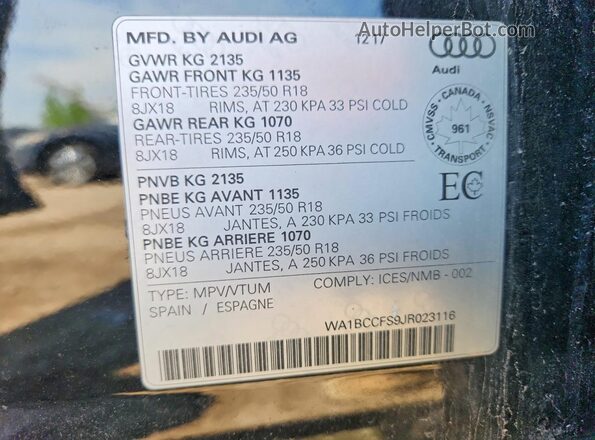 WA1BCCFS9JR023116 2018 AUDI Q3 Black 360 interior view