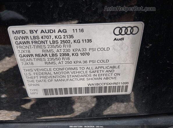 WA1BCCFSXHR011695 2017 AUDI Q3 Black Engine compartment view
