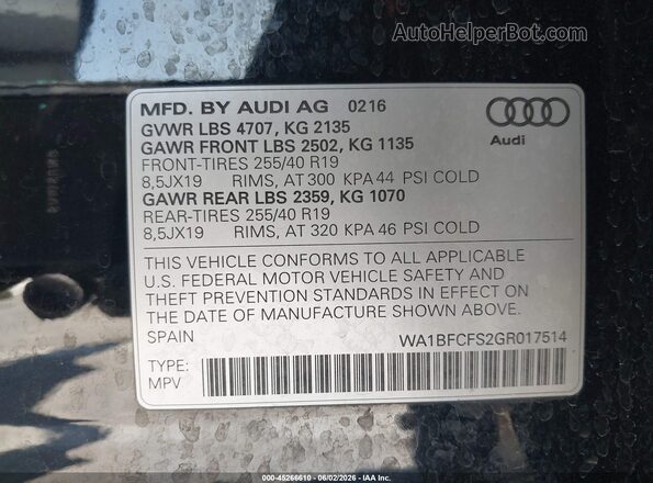 WA1BFCFS2GR017514 2016 AUDI Q3 Black Engine compartment view