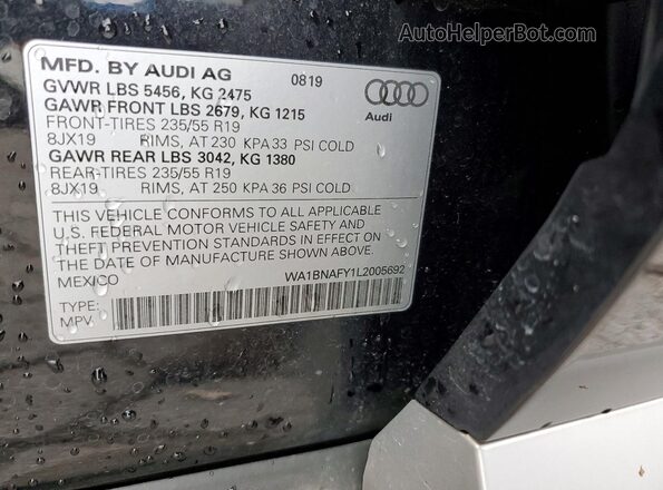 WA1BNAFY1L2005692 2020 AUDI Q5 Черный Вид наклейки с VIN-кодом