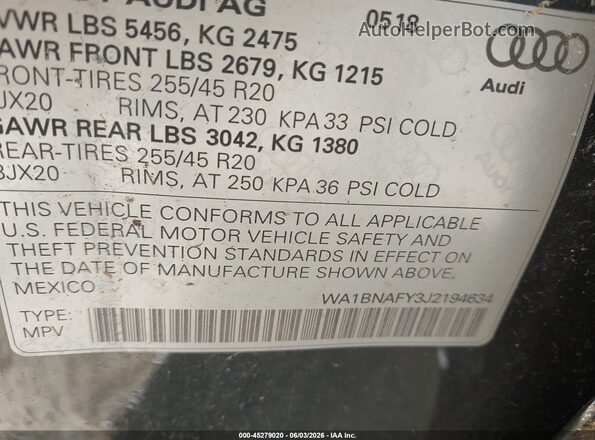 WA1BNAFY3J2194634 2018 AUDI Q5 Black Engine compartment view