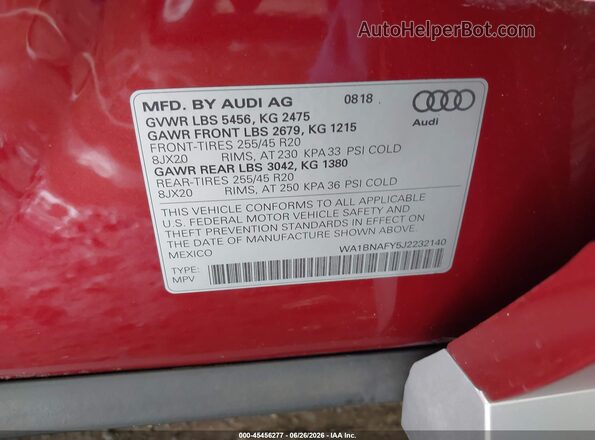 WA1BNAFY5J2232140 2018 AUDI Q5 Red Vista del compartimento del motor