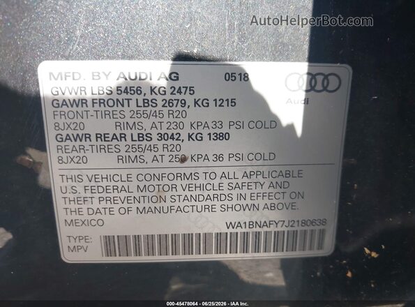 WA1BNAFY7J2180638 2018 AUDI Q5 Gray Widok komory silnika
