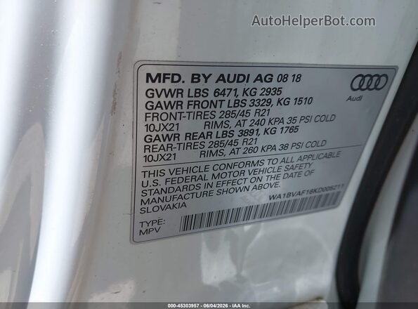 WA1BVAF16KD005211 2019 AUDI Q8 White Widok komory silnika