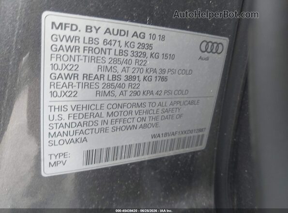 WA1BVAF1XKD012887 2019 AUDI Q8 Gray Widok komory silnika
