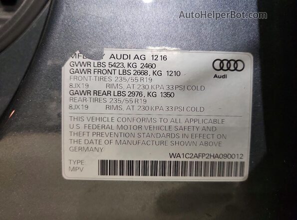WA1C2AFP2HA090012 2017 AUDI Q5 Gray VIN კოდის სტიკერის ხედი