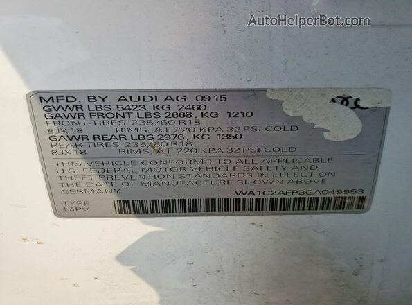 WA1C2AFP3GA049953 2016 AUDI Q5 White VIN sticker view