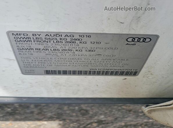 WA1C2AFP3HA070416 2017 AUDI Q5 White VIN կոդի պիտակի տեսք