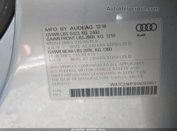 WA1C2AFP3HA092951 2017 AUDI Q5 Серебряный Вид подкапотного пространства