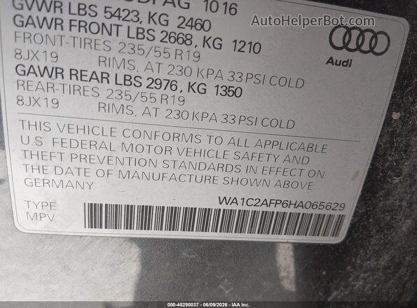 WA1C2AFP6HA065629 2017 AUDI Q5 Gray Vista del compartimento del motor