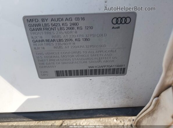 WA1C2AFP7GA114481 2016 AUDI Q5 White Շարժիչի բաժամունքի տեսք
