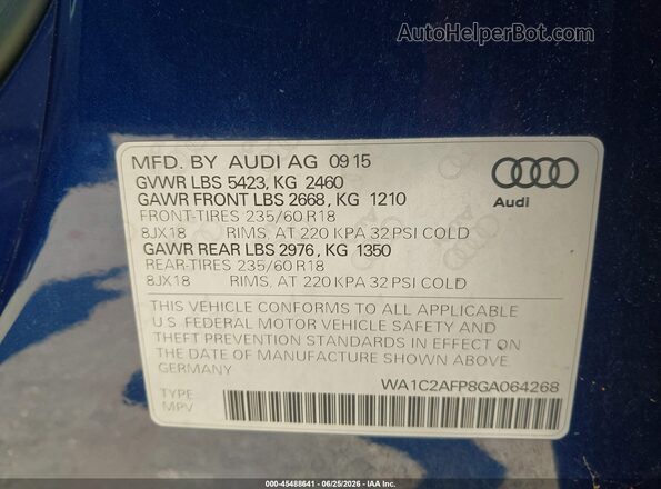 WA1C2AFP8GA064268 2016 AUDI Q5 Blue Vista del compartimento del motor