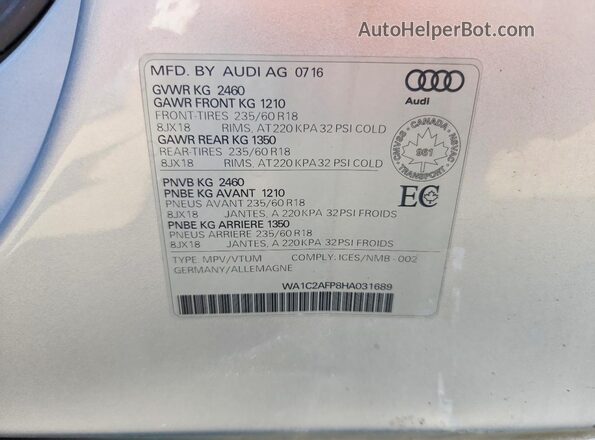 WA1C2AFP8HA031689 2017 AUDI Q5 Серебряный 