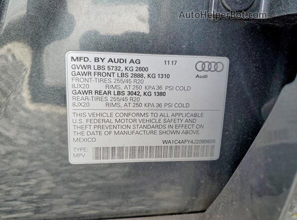 WA1C4AFY4J2089835 2018 AUDI SQ5 Gray VIN კოდის სტიკერის ხედი