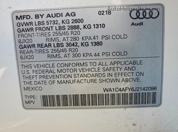 WA1C4AFY6J2142096 2018 AUDI SQ5 White VIN կոդի պիտակի տեսք