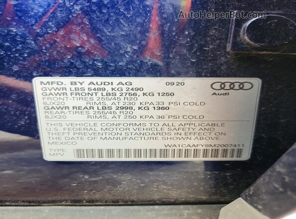 WA1CAAFY8M2007411 2021 AUDI Q5 Blue VIN կոդի պիտակի տեսք