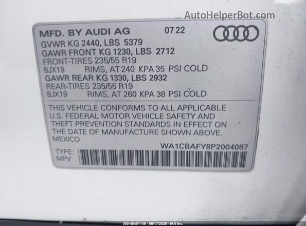 WA1CBAFY8P2004087 2023 AUDI Q5 White ძრავის განყოფილების ხედი